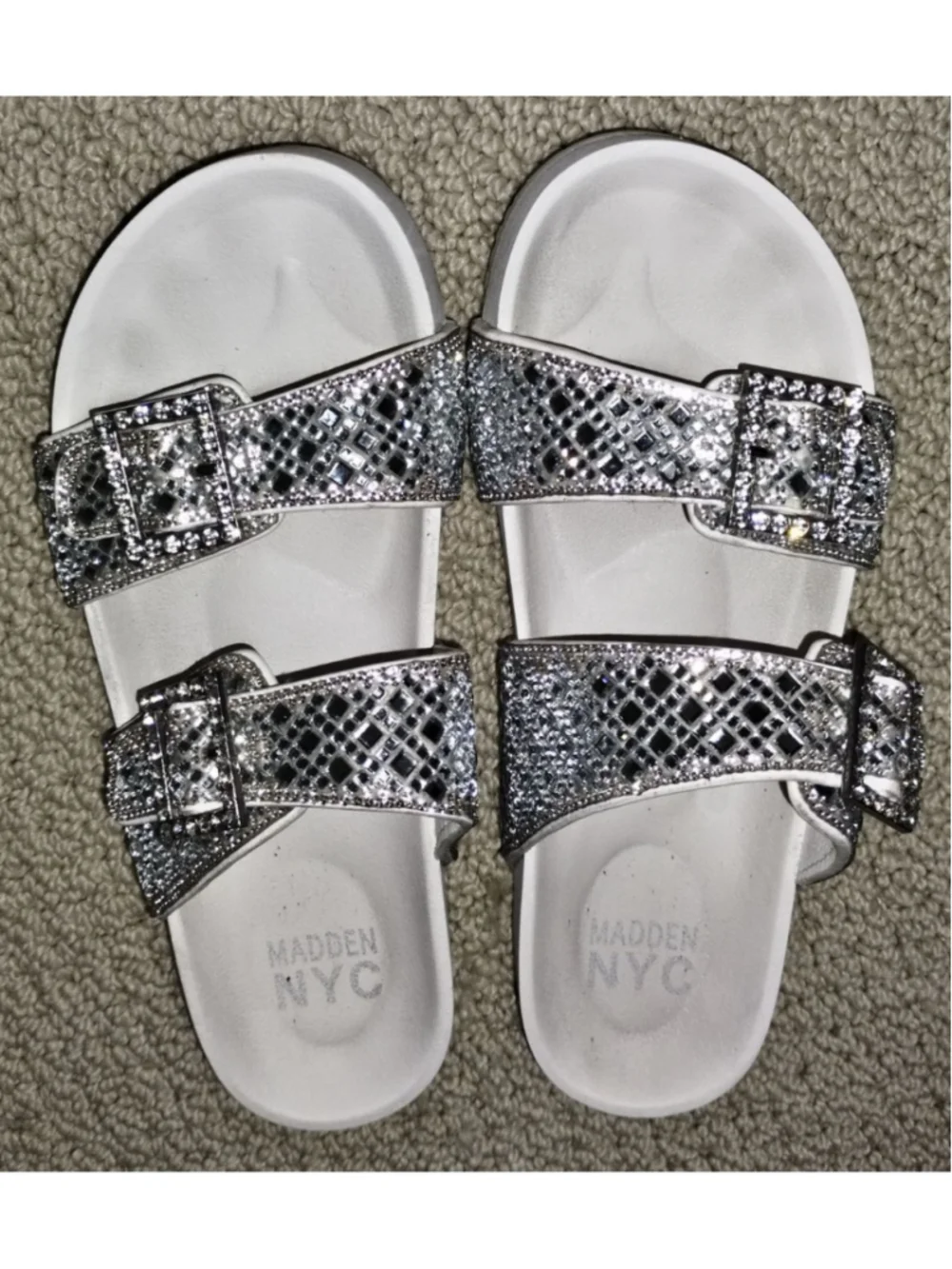 Madden NYC White & Silver Sparkle Double Buckle Sandals (Sz 7) - Picture 1 of 5